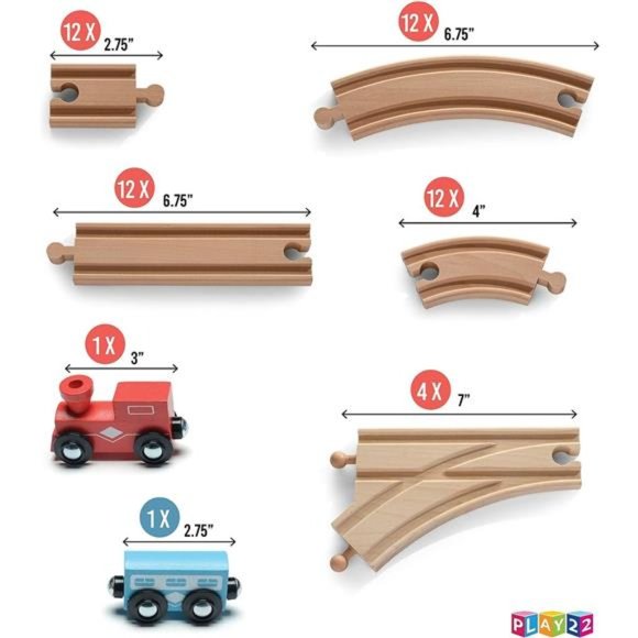 Wooden Train Tracks - 52 PCS + 2 Bonus Car Toy Trains - for Kids is Compatible - Picture 2 of 6